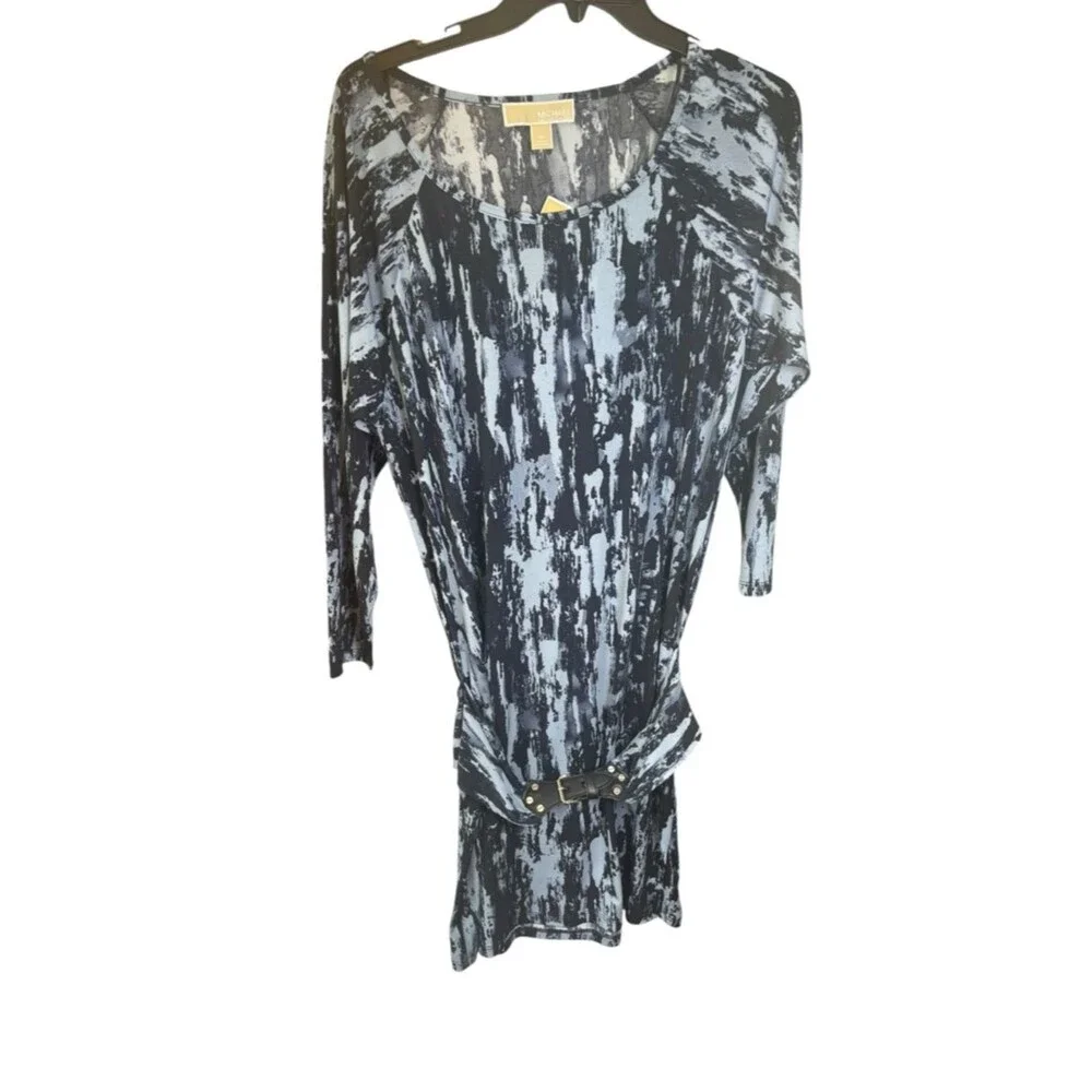 Michael Kors Blue/Black Light Academia Long-Sleeve Belted Dress Women M New